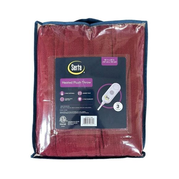 Serta 50”x60” Heated Plush Throw Burgundy - Picture 1 of 4